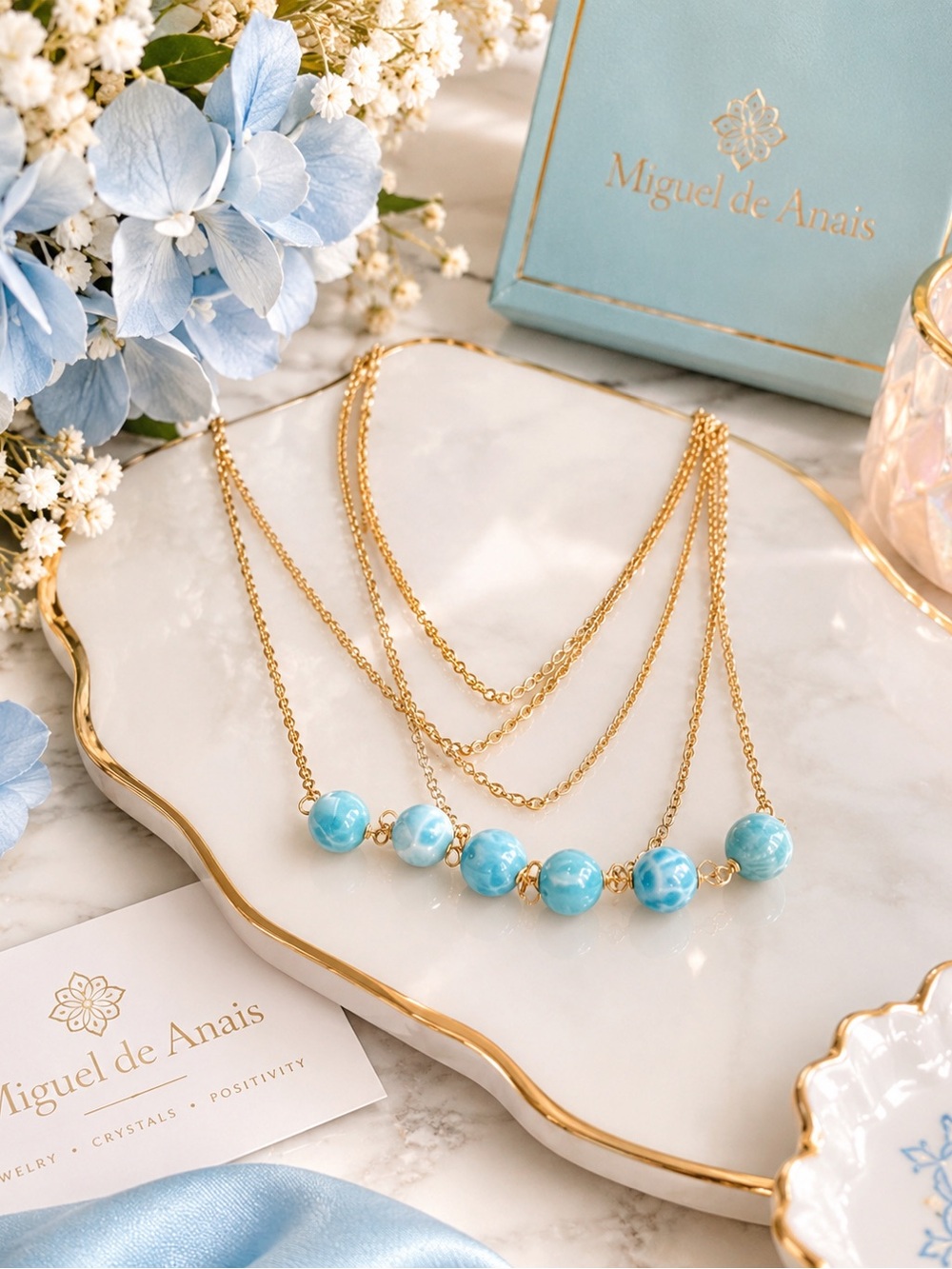 Gold Multi-Layer Necklace with Blue Gem Beads